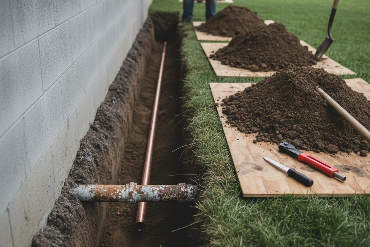Excavated water line trench during Sewer Line Repair in Tully